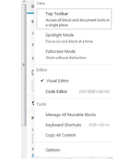 Screenshot of options showing how to change from visual editor to code editor